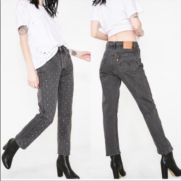 Levi’s Premium Gray Studded Denim High Rise 501 Straight Leg Cropped Jeans - Picture 2 of 14